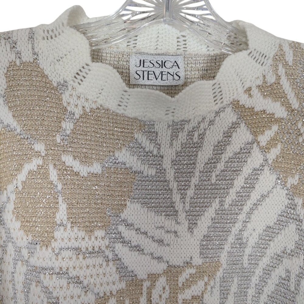 Vintage Jessica Stevens Knit Sweater Womens M Beige Ivory Metallic Leaves - Picture 3 of 14